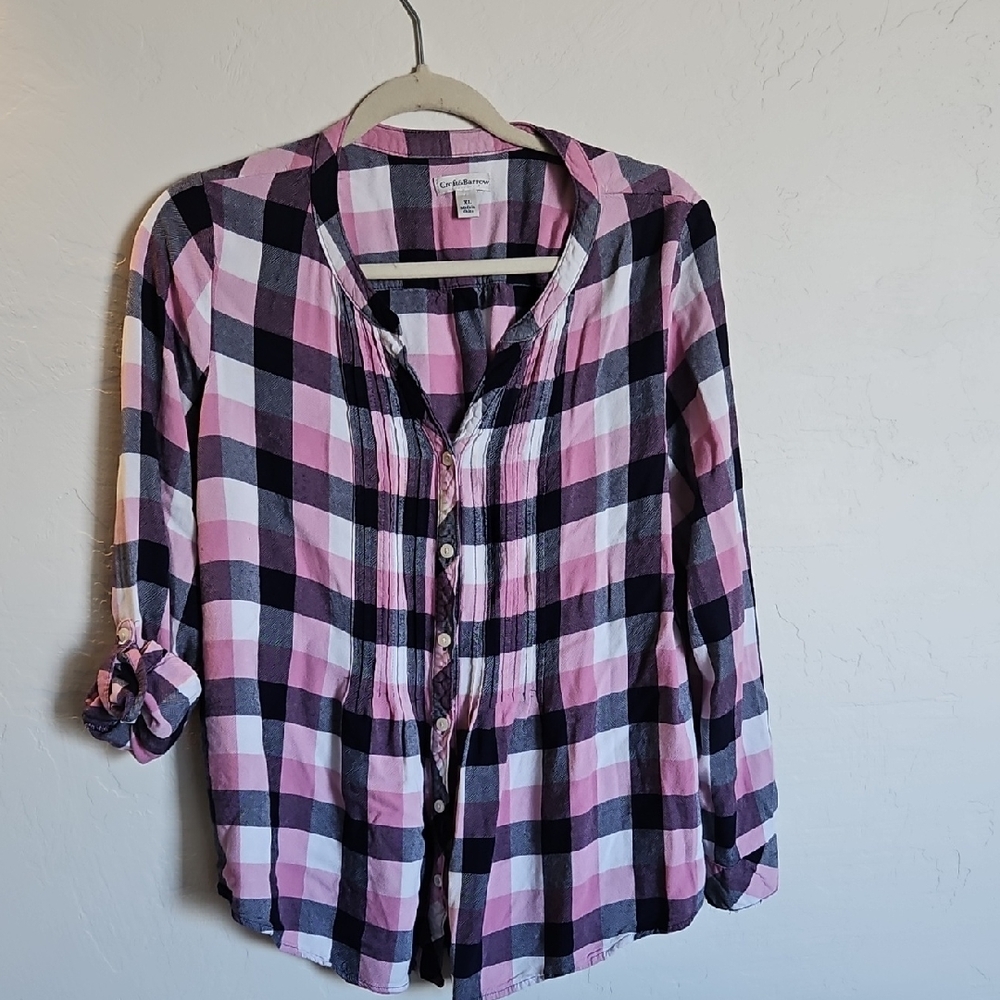 Croft & Barrow Pink & Black Plaid Button-up Blouse 3/4 LS